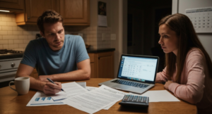 Couple reviewing Colleyville TX home loan documents and mortgage rates at kitchen table