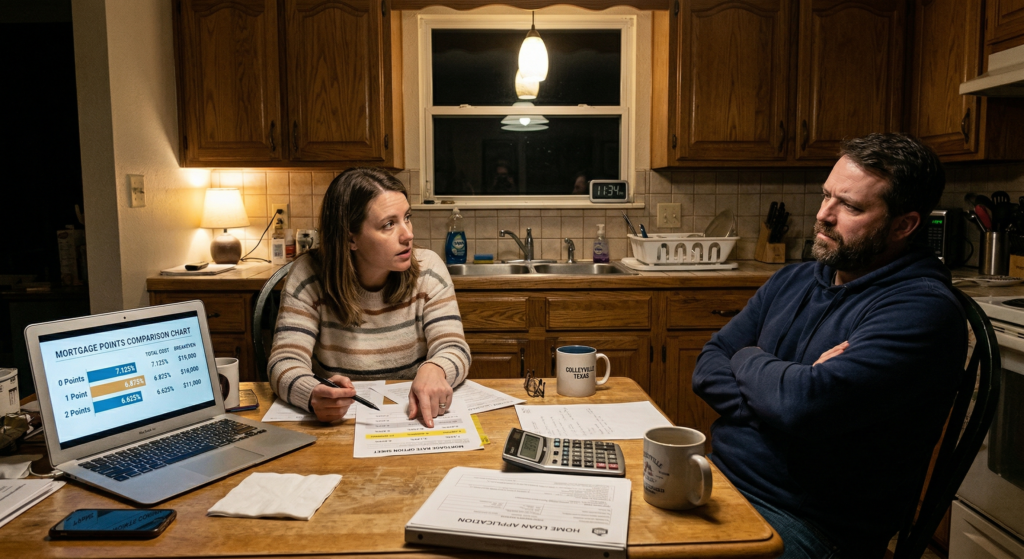 Couple reviewing mortgage points documents and calculator at kitchen table