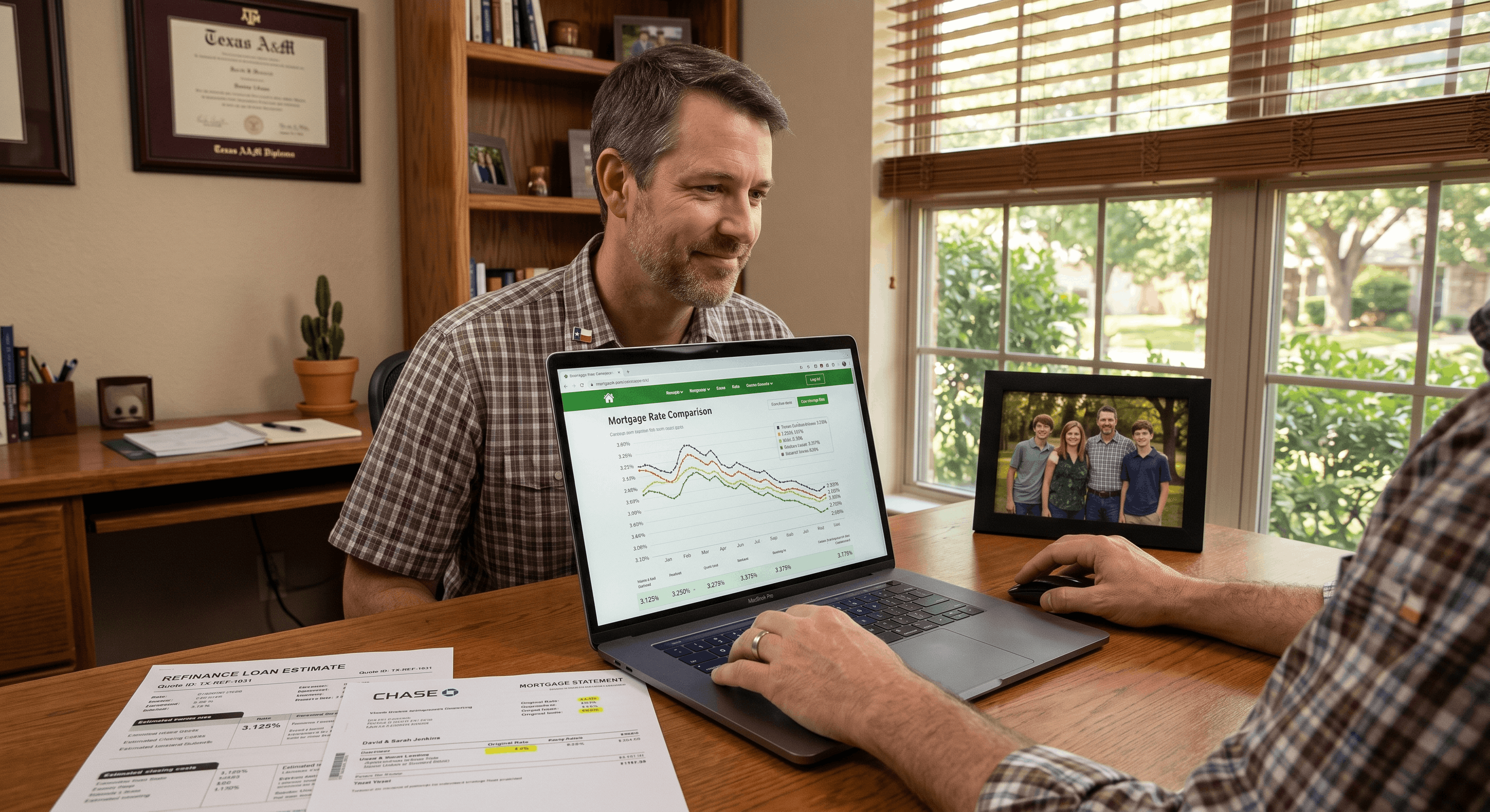 Homeowner reviewing mortgage refinance rates on laptop with documents at desk