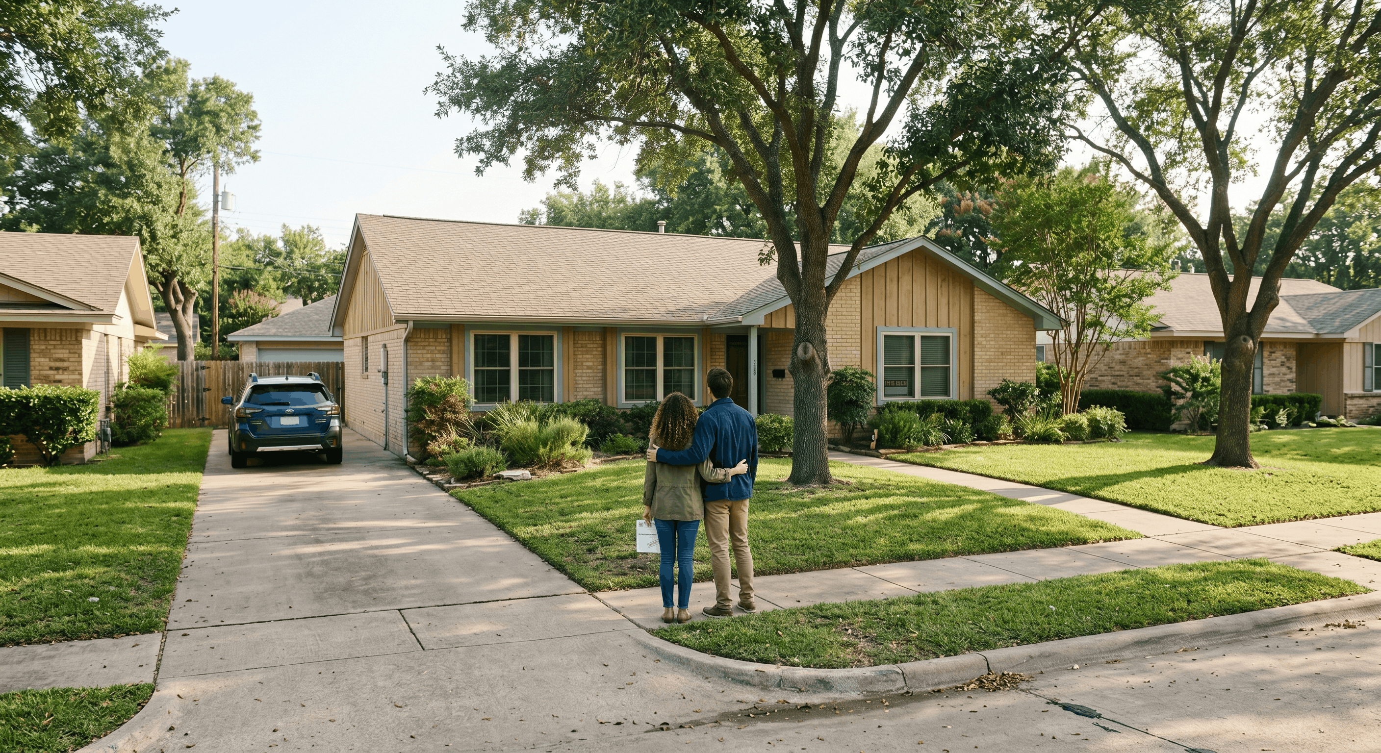First-time home buyers standing in front of house with pre-approval letter