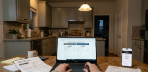 Texas homebuyer comparing Rocket Mortgage and LoanDepot rates on laptop at kitchen table