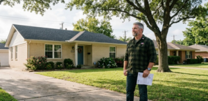 Military veteran holding pre-approval letter in front of DFW home