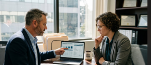 Mortgage broker explaining costs and rates to homebuyer at office desk