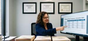 Mortgage broker explaining rates and loan options at office desk