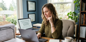 Self-employed homebuyer reviewing mortgage documents and tax returns at desk