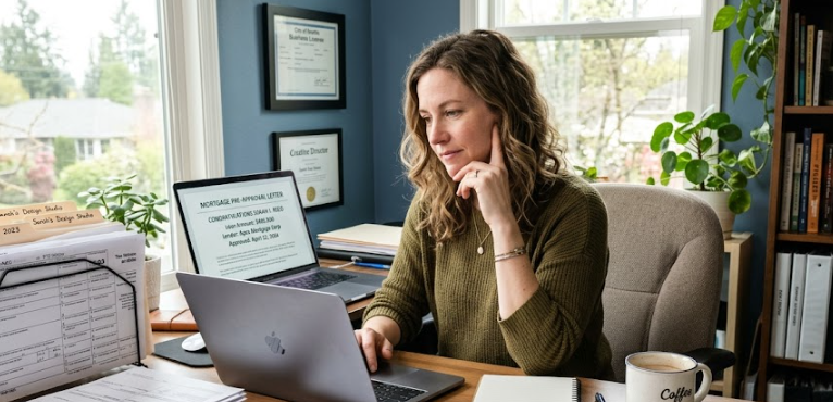 Self-employed homebuyer reviewing mortgage documents and tax returns at desk