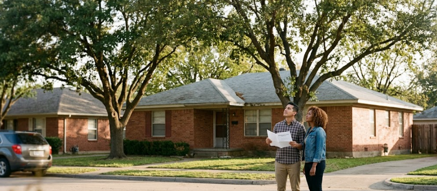 Arlington TX homebuyers viewing a brick ranch home with pre-approval letter