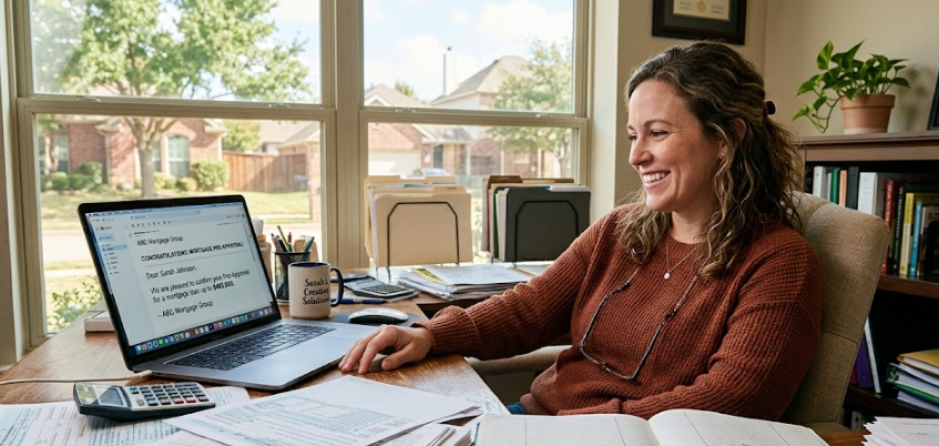 Self-employed borrower reviewing mortgage pre-approval with tax documents at desk