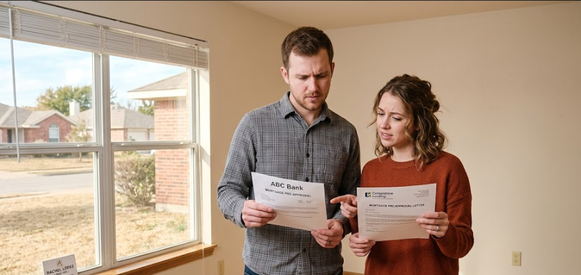 First-time buyers comparing mortgage pre-approval letters in empty Texas home