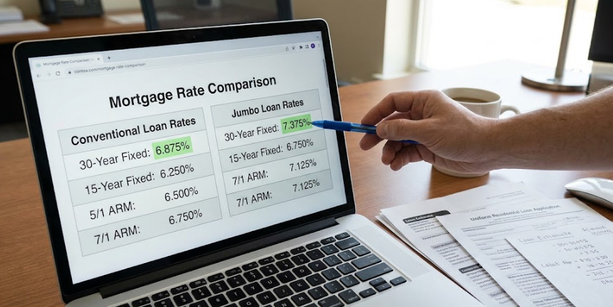 Jumbo loan rate comparison on laptop with written estimates