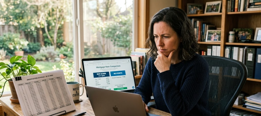 Homebuyer comparing mortgage points buy-down vs no-points options on a calculator