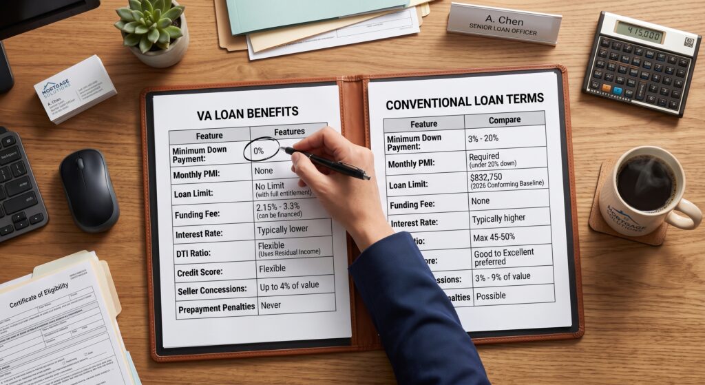 VA loan vs conventional loan comparison sheets on mortgage office desk