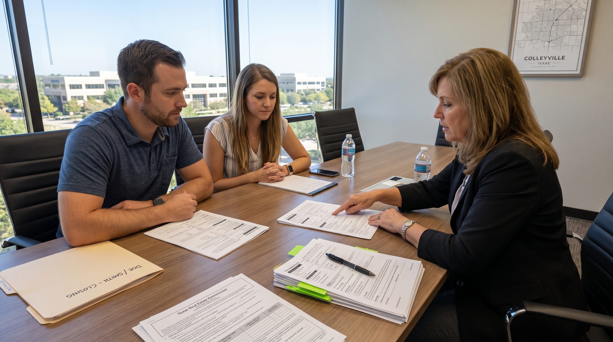 Couple reviewing closing costs with loan officer at title company desk