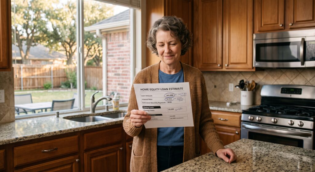 Homeowner reviewing home equity loan estimate in Texas kitchen